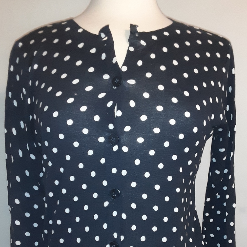 Loft Medium Polka Dot Navy Blue White Cardigan Cre
